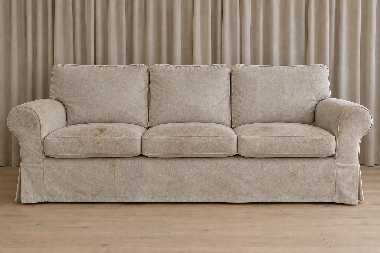 The same three-seat sofa and angle with a worn, stained cover