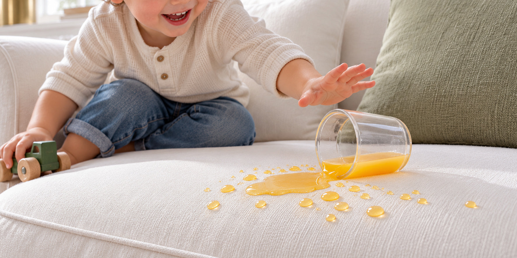 A hand gently blotting a spill on a sofa