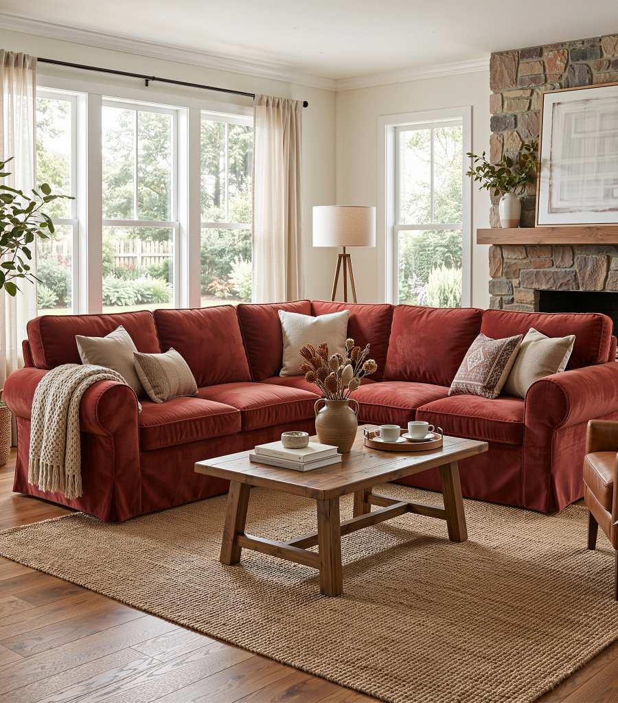 Ektorp 4 Seat Sofa Cover in Chenille Burnt Brick styled in a home setting