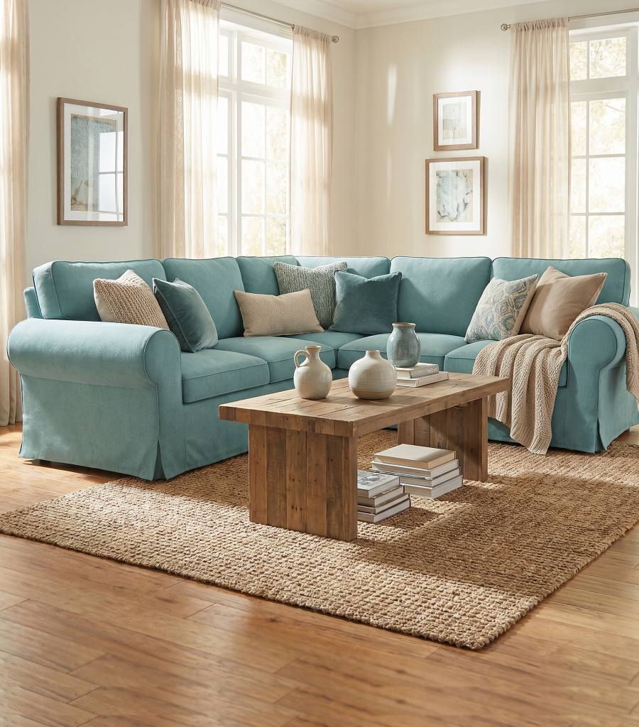 Ektorp 4 Seat Sofa Cover in Microfiber Mint styled in a home setting