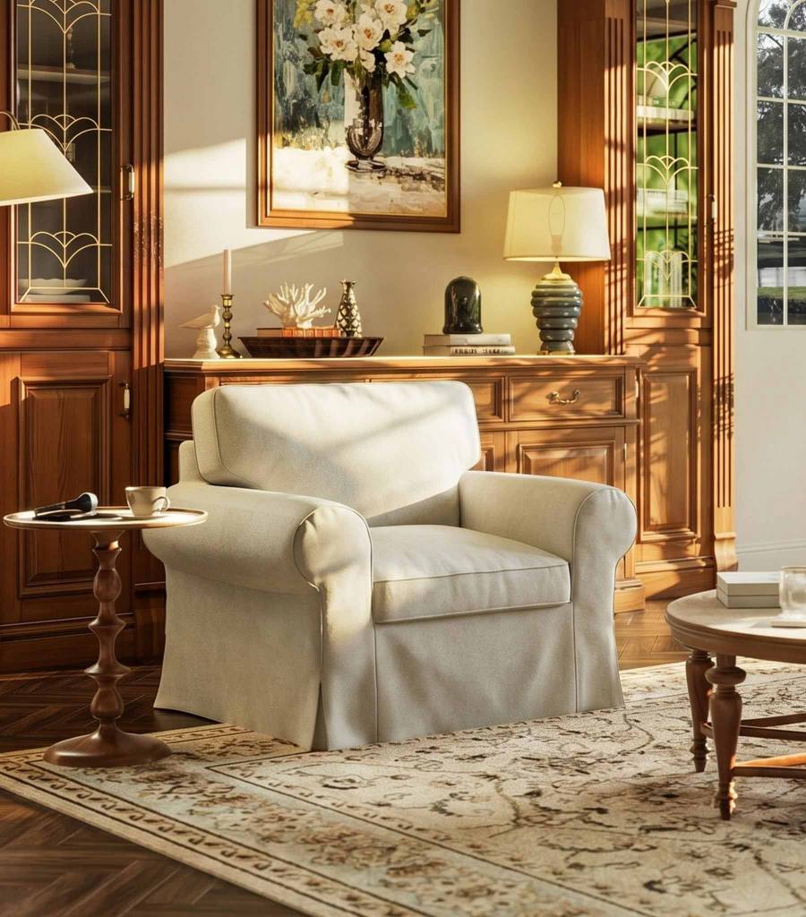 Ektorp Armchair Cover in Microfiber Ivory styled in a home setting
