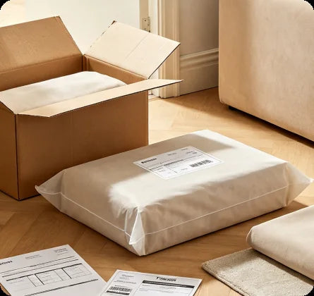 Securely packaged custom slipcover ready for global delivery
