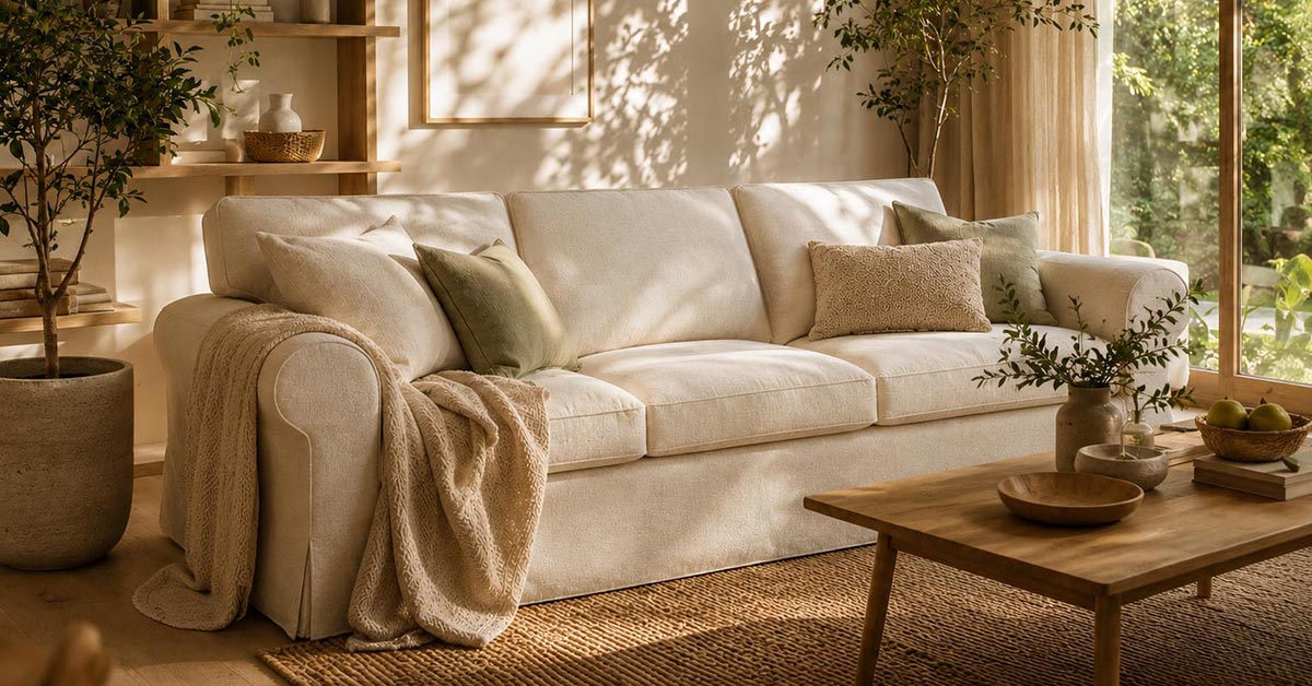 Bright living room with a cream sofa
