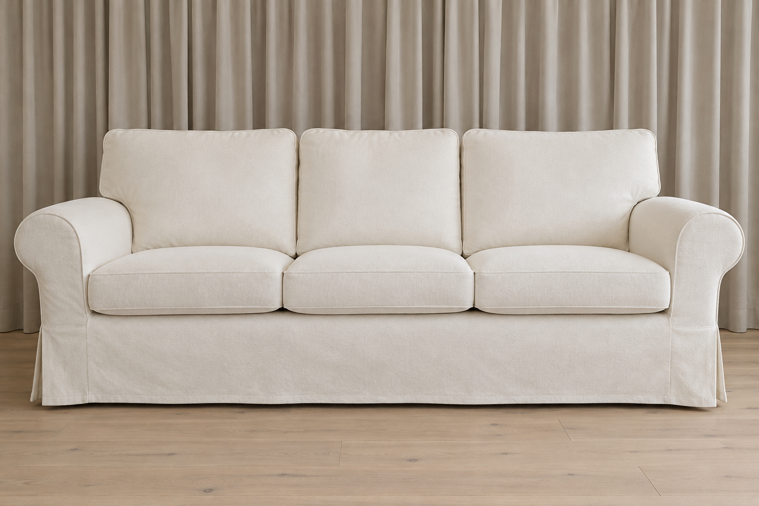 Illustration of an EKTORP-style three-seat sofa with a fresh fitted cover