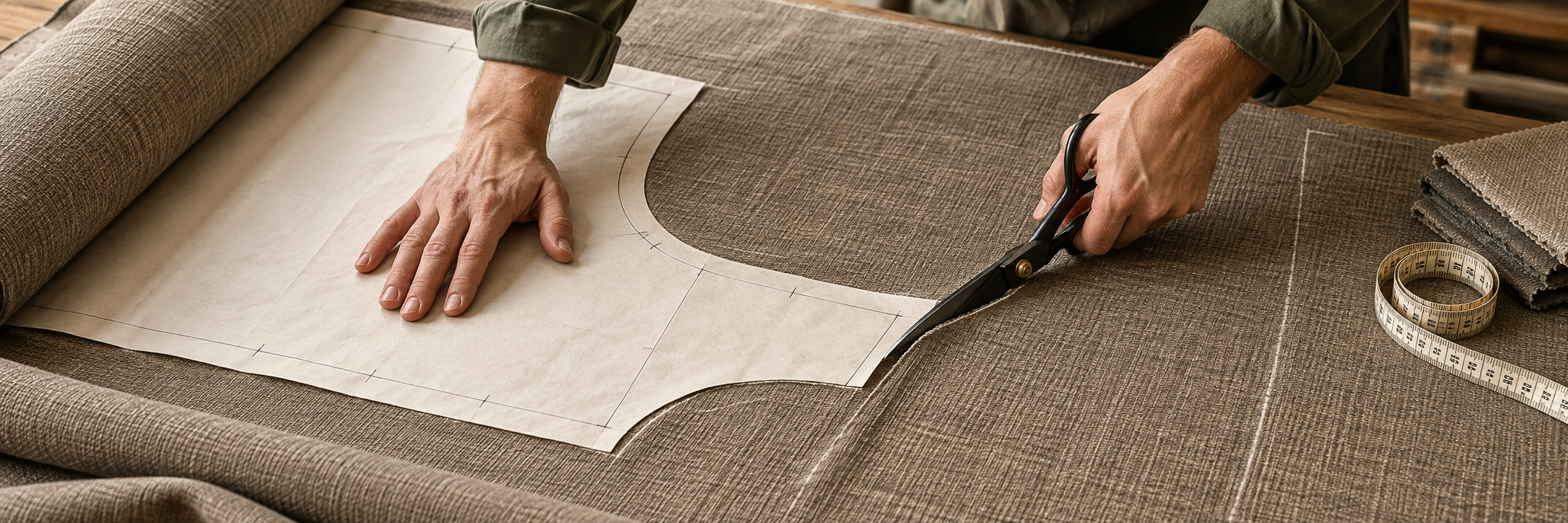 Illustrative close-up of an artisan cutting upholstery fabric along a paper pattern