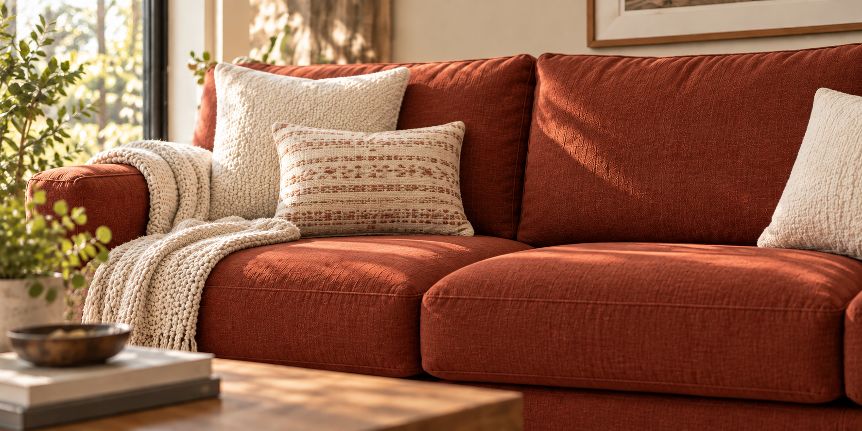 A warm terracotta sofa with soft cushions in a sunny room