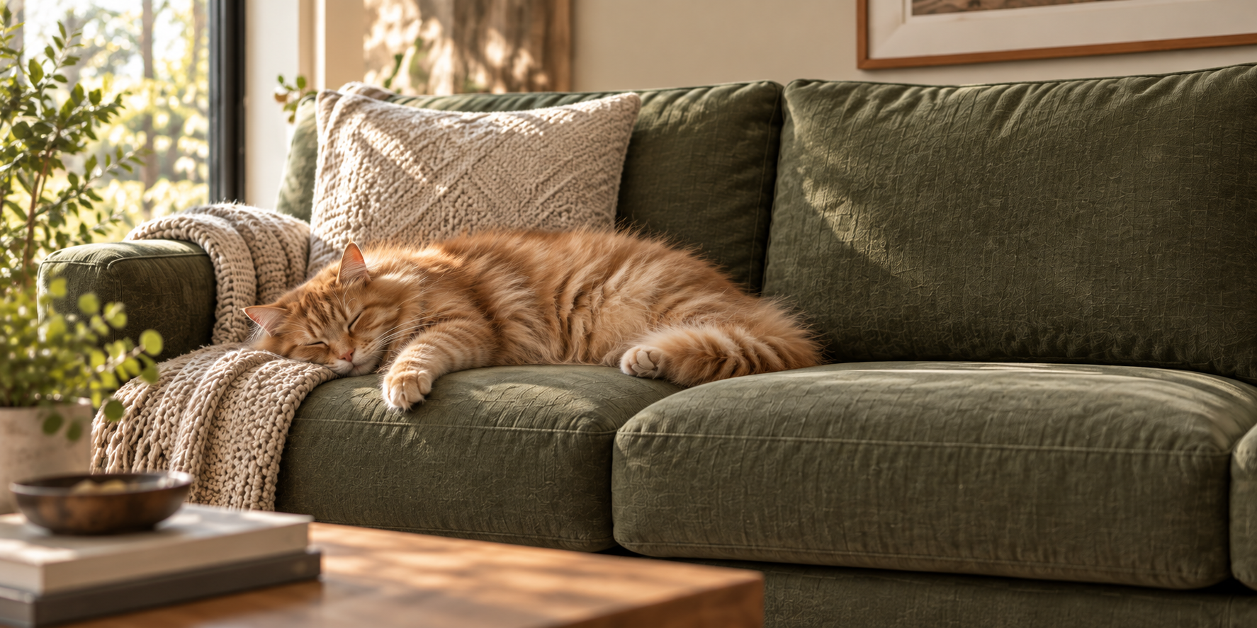 A ginger cat relaxing on a green sofa