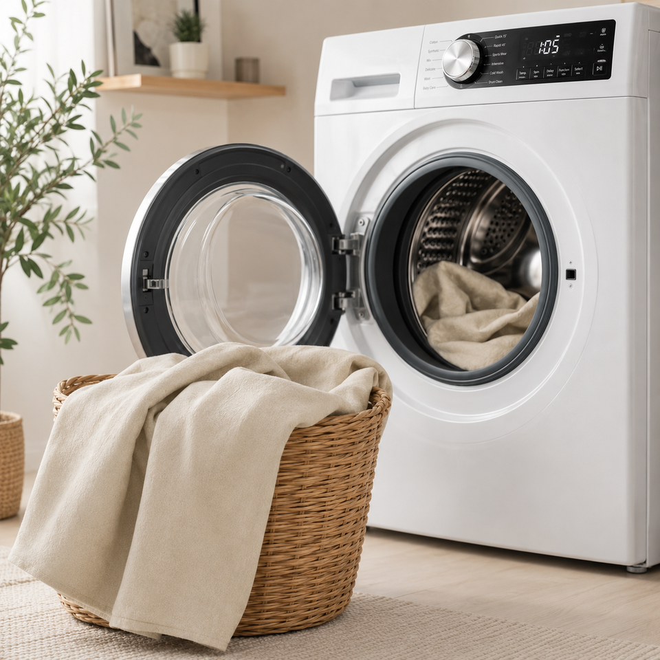 A light-filled laundry space with fabric beside a washing machine